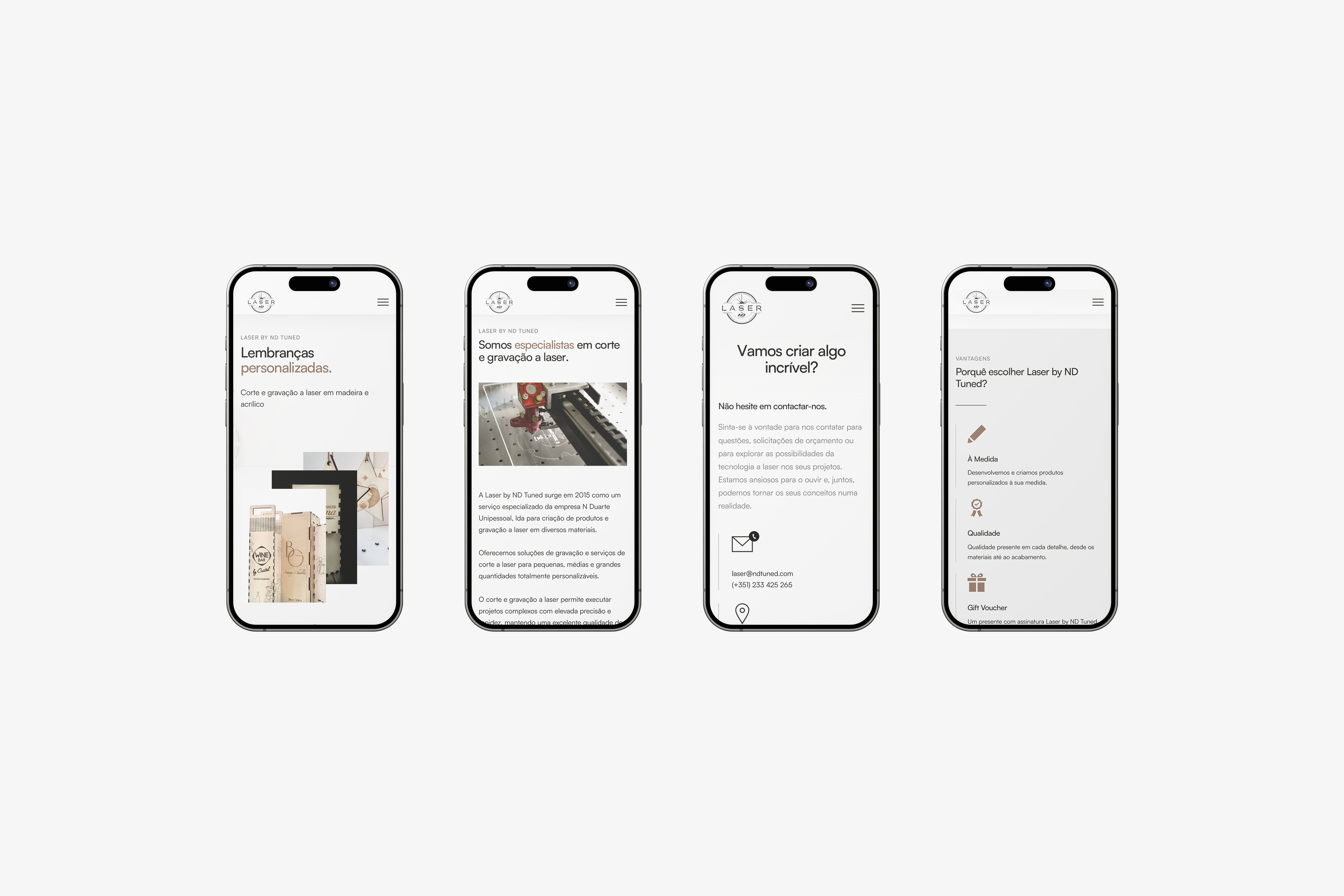 Four iPhones showcasing different sections of the Laser by ND Tuned website, demonstrating consistent design and responsive layout across mobile views.