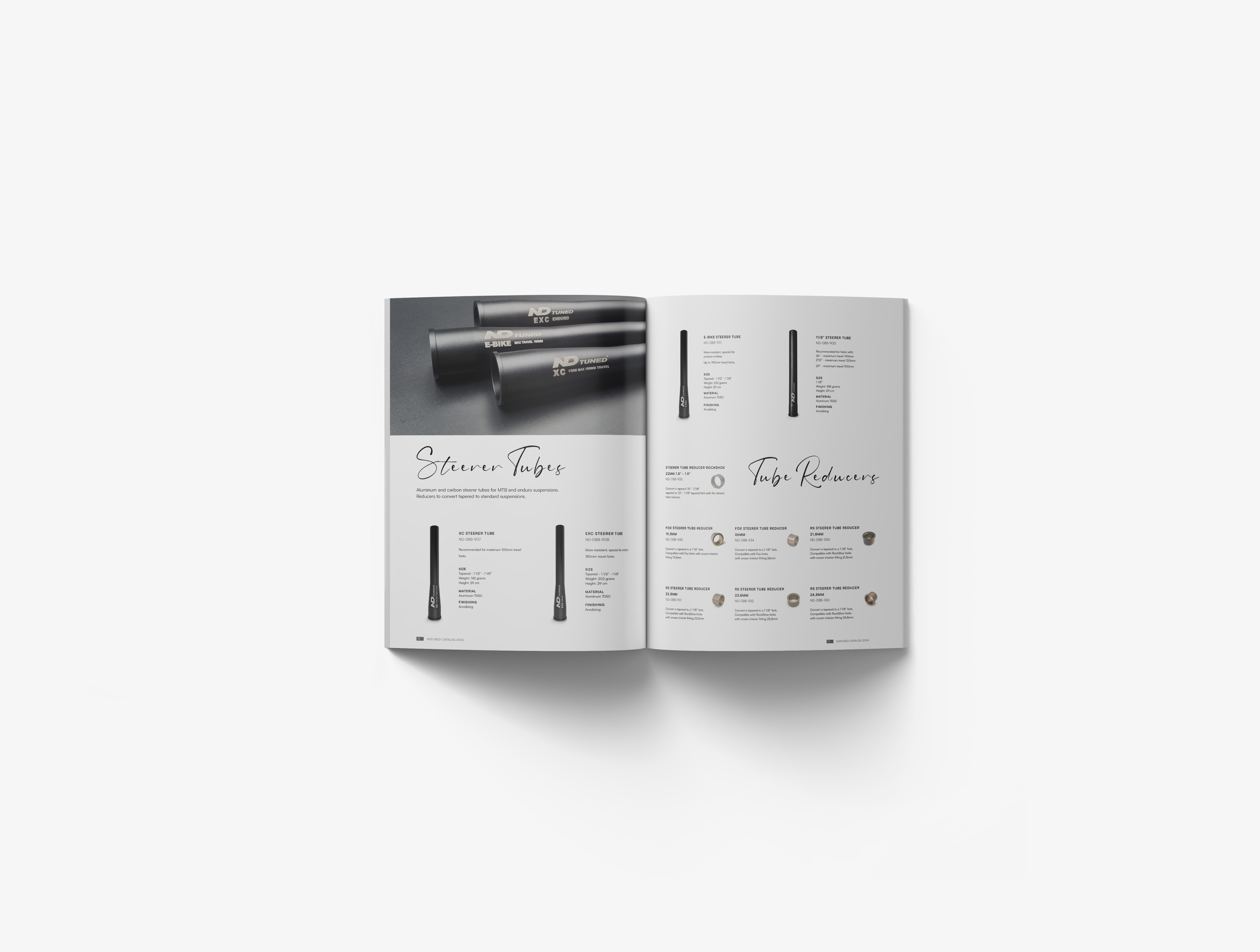 ND Tuned 2024 product catalog open to a new spread highlighting suspension system details and branding visuals.