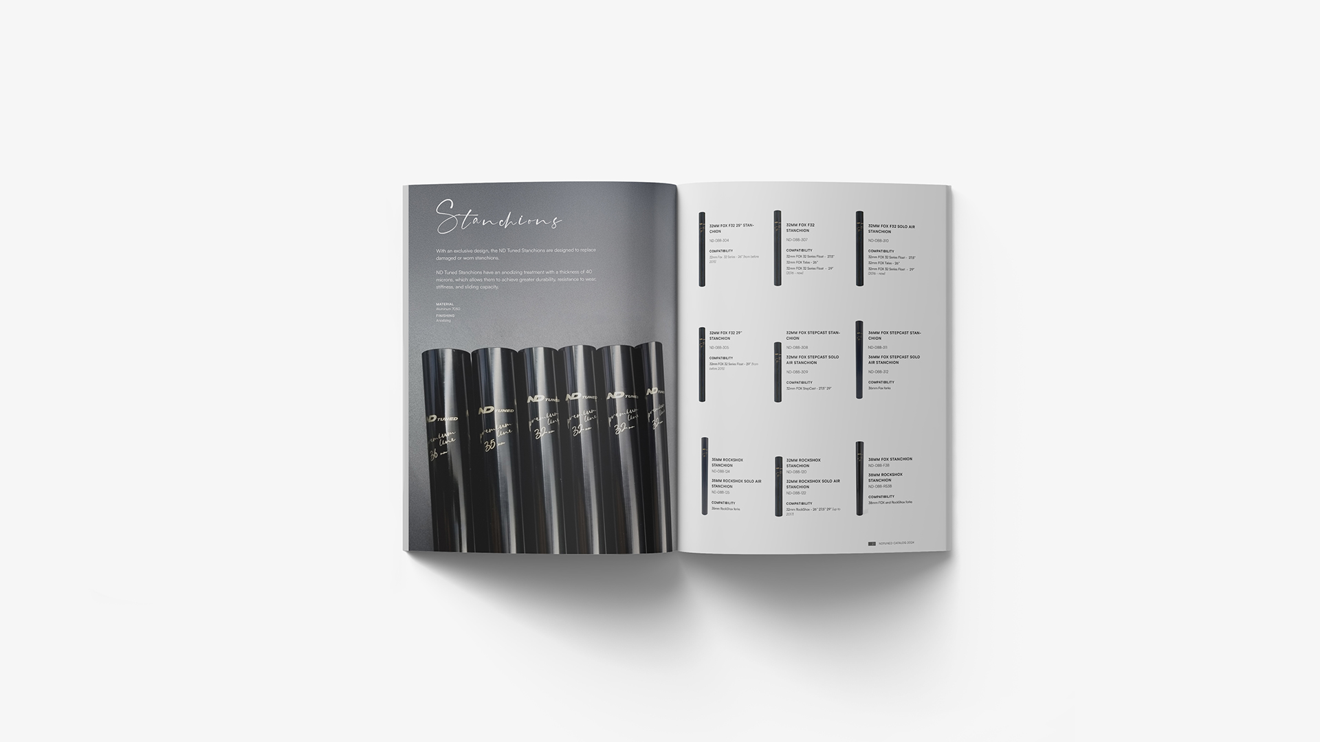 ND Tuned 2024 product catalog open to a new spread highlighting suspension system details and branding visuals.